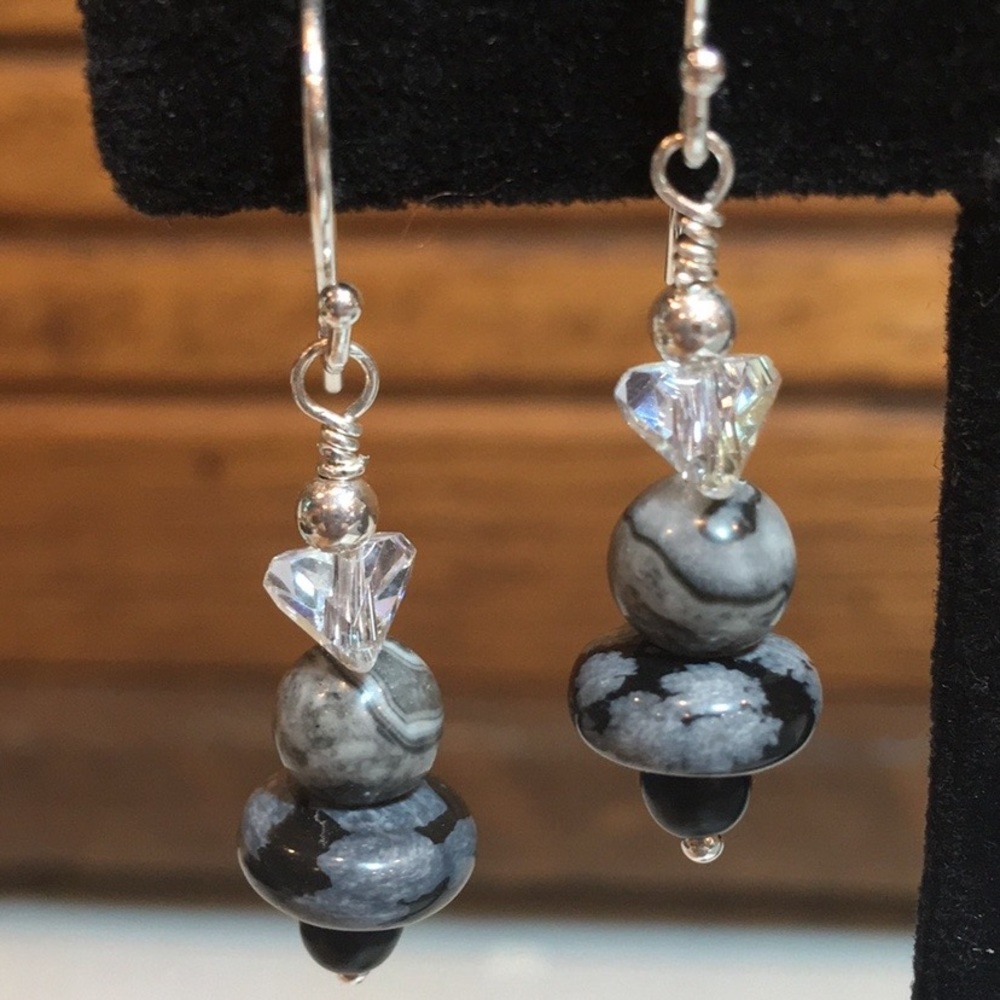 Sterling silver, snowflake obsidian, jasper, & Swarovski crystal dangle earring